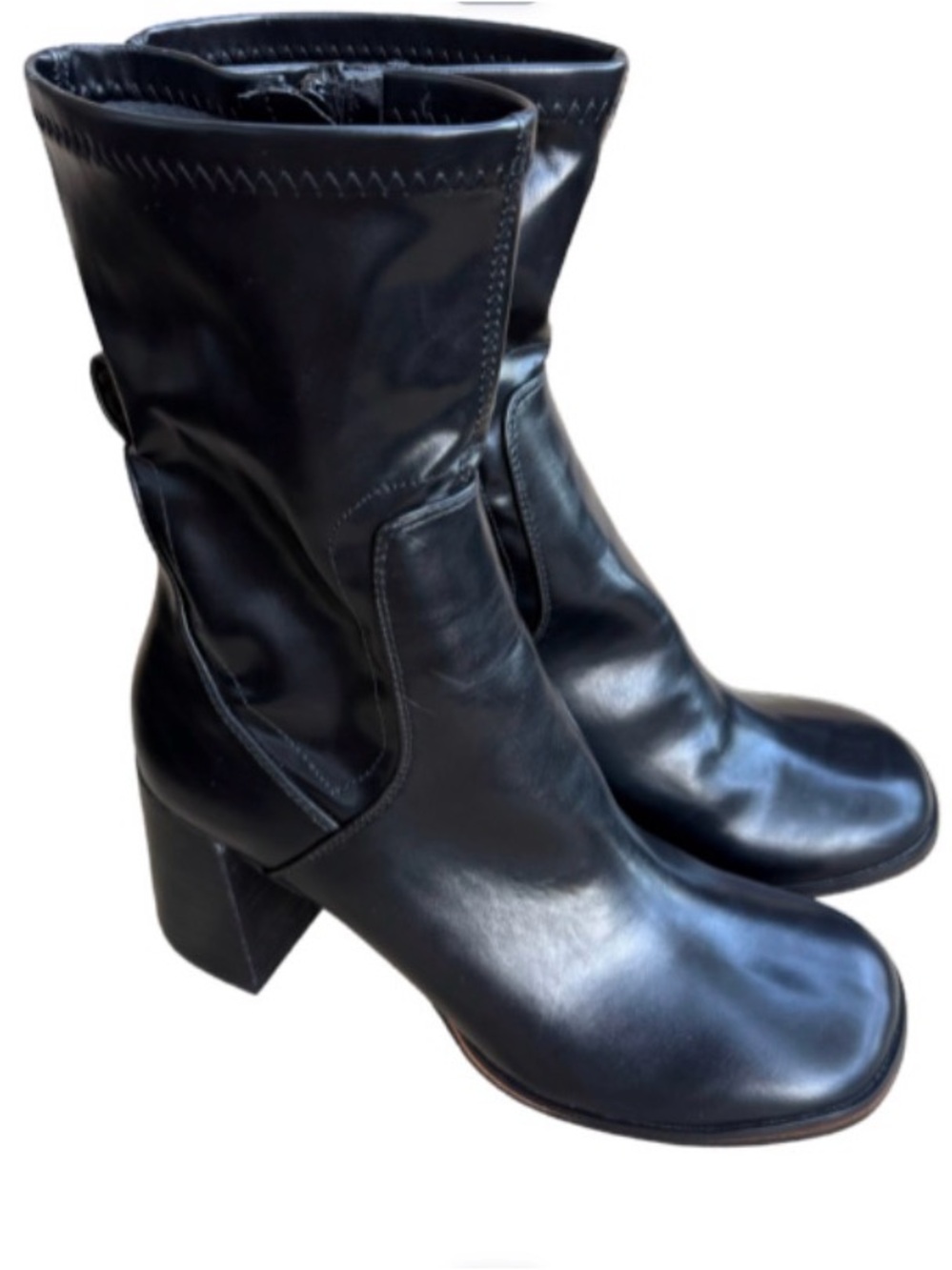 Topshop Black Faux Leather Square Toe Block Heel Mid-Calf Boots Size 10 / UK 8
